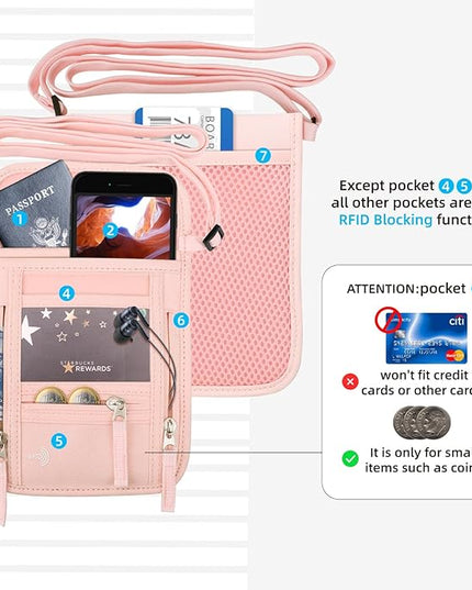 WALNEW Passport Holder Neck Pouch Travel Wallet for Women and Men, RFID Blocking Security Slim Traveling Wallet with Around Neck Lanyard Strap