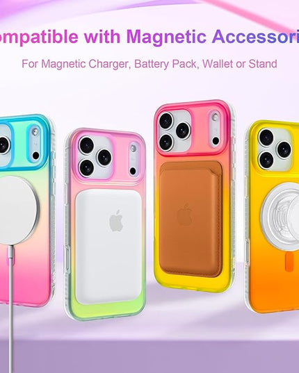 Aesthetic Case for iPhone 17 Pro Case for Women Girls [Compatible with Magsafe] Cute Girly Trendy Glitter Sparkly Rainbow Magnetic Protective Phone Cover, Matte Iridescent Blue & Pink