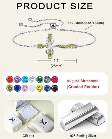 YL Cross Bracelet 925 Sterling Silver Infinity Sideways Link Bracelet Birthstone Jewelry for Women