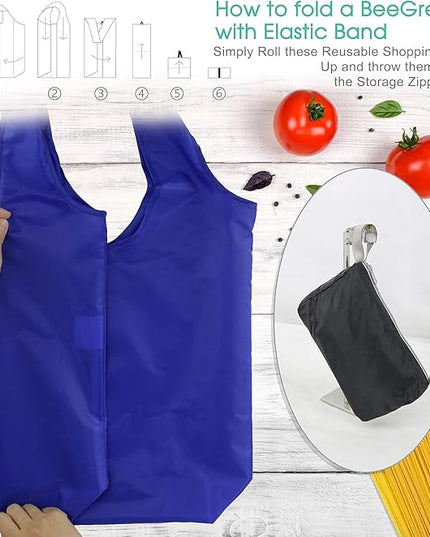 BeeGreen 20 Pack Reusable Grocery Bags w Storage Pouch Reusable Shopping Bags Bulk w Elastic Band Colorful 50LBS X-Large Foldable Fabric Bags Machine Washable Heavy Duty Tote Bags for Groceries