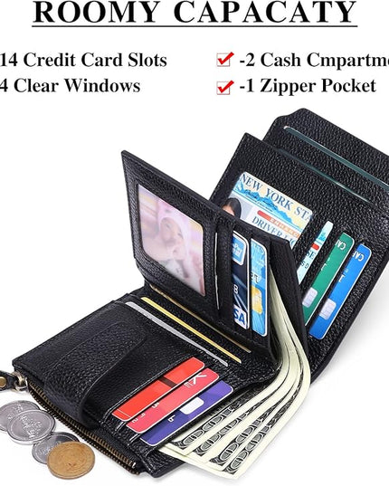 FALAN MULE Small Wallet for Women Leather Bifold Compact RFID Blocking Small Womens Wallet Purse | Compact Size, RFID Blocking, Includes Coin Pouch, Card Holders, 14 Slots