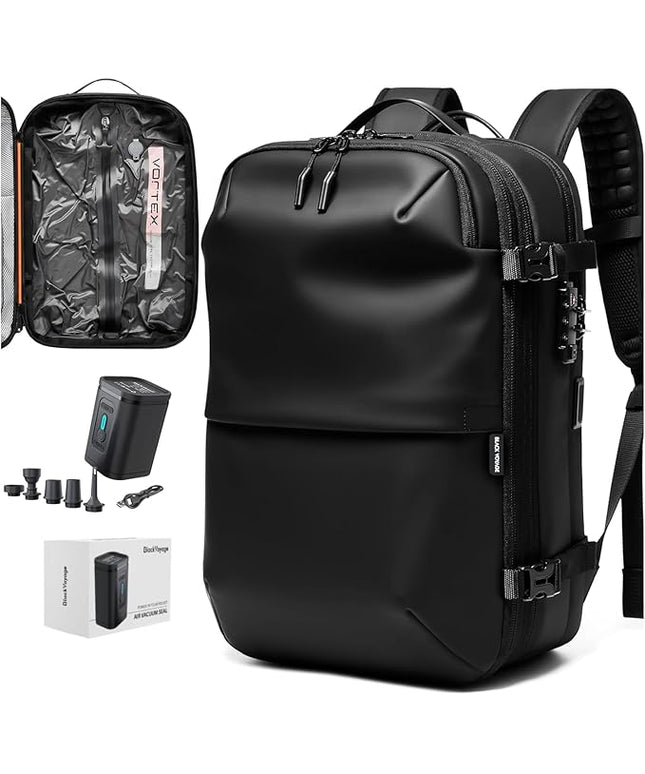 BlackVoyage Vortex Vacuum Seal Travel Backpack 60L Expandable Air Compression System Water Resistant TSA Lock Carry-On Suitcase Luggage Black AERO - Vacuum Pump Included