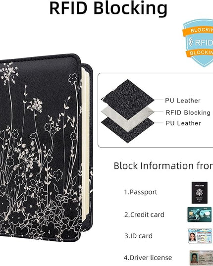 WALNEW Passport Holder for Travel, RFID Passport Cover Wallet for Women Men, PU Leather Passport Book Card Holder Case with Pen (Elastic Band Closure, D-Black Flowers)