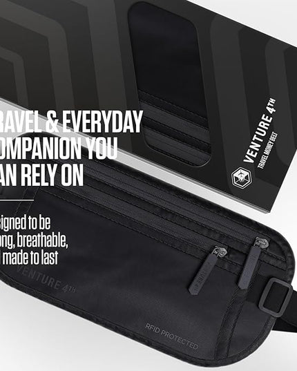 VENTURE 4TH Money Belt for Travel – Hidden Under-Clothes RFID Blocking Passport Holder & Slim Travel Wallet Pouch for Men & Women to Protect Cash, Cards & Documents (Sleek Black)
