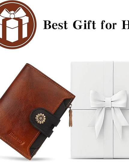 Blucoay Leather Wallet Women,RFID Blocking Womens Wallet Bifold Compact Small Wallet for Women Card Holder with Zip Coin Pocket Brownblack