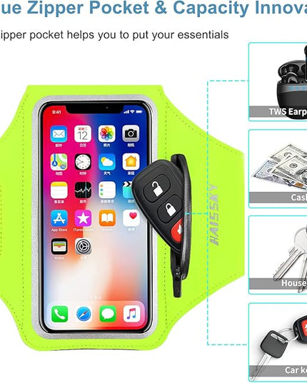 Cell Phone Running Armband with Zipper Pocket Armband Case Running Holder for iPhone 16 Pro Max/15/14 Pro Max/13/12 /11 Pro Max/XS/XR,Galaxy S20 S10,Sweatproof Arm Band with Card/Key Bag