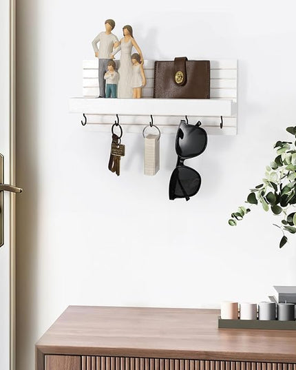 Lwenki Decorative Key Holder for Wall with Shelf, Entryway Shelf with Hooks Holds Leashes, Jackets and Glasses – Sturdy Wood Keyholder Entrance Hanger with Mounting Hardware (White, Medium)