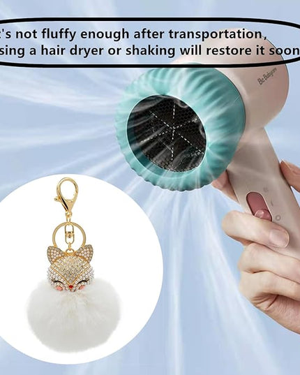 Faux Rabbit Fur Ball Pom Pom Keychain with Fox Head Studded with pearl Rhinestone for Womens Bag Car Key Decoration