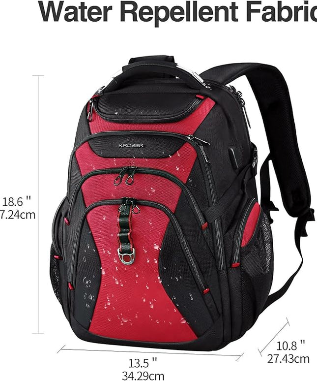 KROSER Travel Laptop Backpack 17.3 Inch XL Computer Backpack with Hard Shell Saferoom RFID Pockets Water-Repellent Business College Daypack Stylish Bag for Men/Women-Black Red