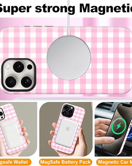 Magnetic for iPhone 15 Pro Case Cute Checkered Stripes Phone Case for Women Girls, Shockproof Slim TPU and Hard PC Protective Phone Cover Compatible with MagSafe Designed, Pink