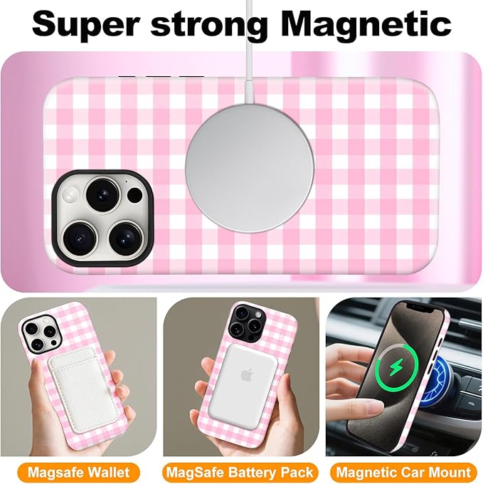 Magnetic for iPhone 13 Pro Max Case Cute Checkered Stripes Phone Case for Women Girls, Shockproof Slim TPU and Hard PC Protective Phone Cover Compatible with MagSafe Designed, Pink