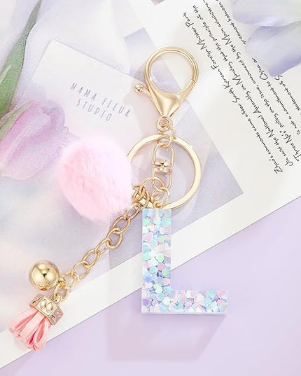 Resin Alphabet Initial Letter Keychain Keyring for Women Purse Handbags With Fur Ball Pom