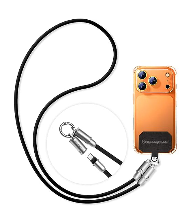 chubbycable Crossbody Strap for iPhone 17 Series 240W USB-C Phone Lanyard Charging Cable with Anti-Theft Lock, Wrist/Neck Strap Fast Charge & Data Transfer,Black,4.59FT