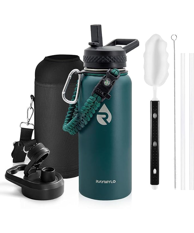 Insulated Water Bottle 32 oz, Triple Wall Vacuum Stainless Steel (Cold for 48 Hrs), Leak Proof & Non-BPA, Modern Water Flask Jug with Paracord Handle & Straw Spout Lids, Dark Green