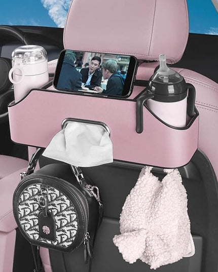 HOLDCY Car Back Seat Organizer with 2 Drink Cup Holder - Tissue Box and Storage Box Hook - Multi-functional Storage - Great for Kids and Travel (Pink)
