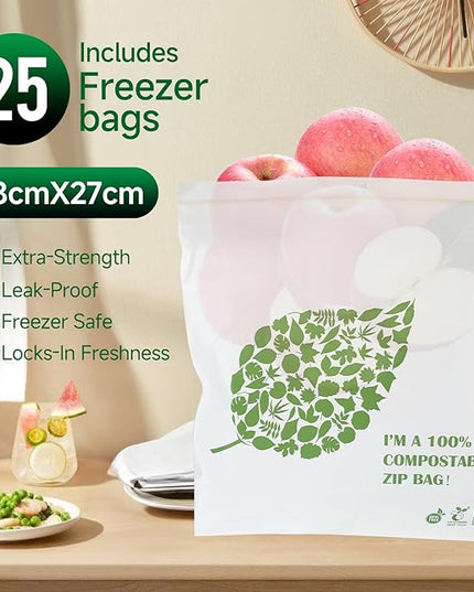Compostable Gallon Size Food Storage Bags Freezer and Leak Proof, (25 Eco Zip) Seal well for Fruit,Food and Vegetable Plant-Based BPA-free (25)