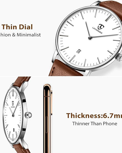 L LAVAREDO Watch for Men, Extremely Thin Mens Watches Minimalist Analog Men's Leather Wrist Watches with Time/Date, Birthday Gift for Men Boyfriend