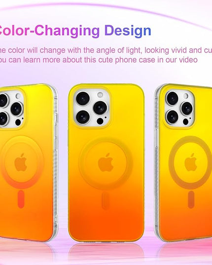 Aesthetic Case for iPhone 14 Pro Case for Women Girls, Compatible with Magsafe, Cute Girly Trendy Glitter Sparkly Rainbow Magnetic Protective Phone Cover, Matte Iridescent Yellow & Orange