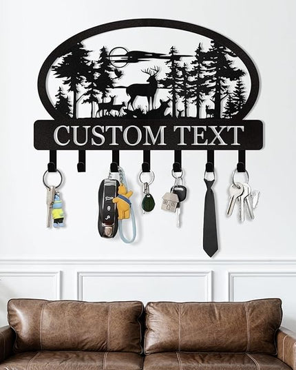 KAINSY Personalized Key Holder for Wall, Custom Name Deer Key Holder Wall Mount, Metal Cabin Key Coat Rack, Wall Key Hooks Organizer Key Hanger for Kitchen, Doorway, Hallway, Office, Home Decor Gifts