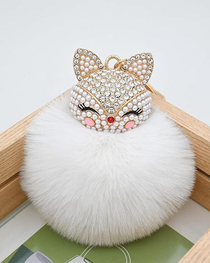 Faux Rabbit Fur Ball Pom Pom Keychain with Fox Head Studded with pearl Rhinestone for Womens Bag Car Key Decoration