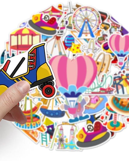 Amusement Park Stickers 50PCS - Kawaii Ferris Wheel, Merry-Go-Round & Roller Coaster Waterproof Vinyl Decals for Water Bottles Laptops Bikes,Cute Decals for Teens Girls Boys