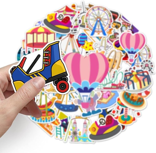 Amusement Park Stickers 50PCS - Kawaii Ferris Wheel, Merry-Go-Round & Roller Coaster Waterproof Vinyl Decals for Water Bottles Laptops Bikes,Cute Decals for Teens Girls Boys