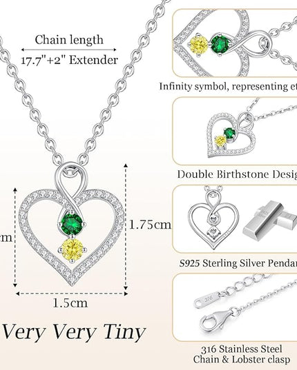 LOUISA SECRET Infinity Double Birthstone Necklace, 925 Sterling Silver Tiny Pendant Heart Necklace for Women Wife Her, Best Jewelry Gift Heart Jewelry Meaningful Gift for Valentine's Day, Christmas, Birthday Anniversary
