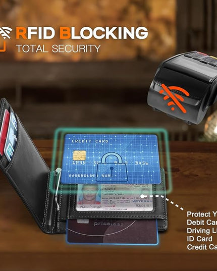 RUNBOX Slim Wallet for Men Genuine Leather RFID Blocking Bifold Minimalist Front Pocket Mens Wallet with Money Clip Thin Gift Box