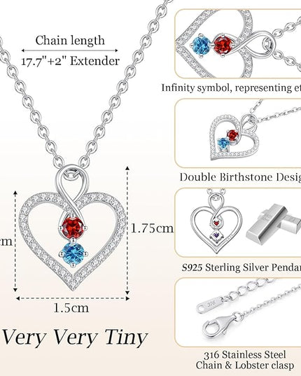 LOUISA SECRET Infinity Double Birthstone Necklace, 925 Sterling Silver Tiny Pendant Heart Necklace for Women Wife Her, Best Jewelry Gift Heart Jewelry Meaningful Gift for Valentine's Day, Christmas, Birthday Anniversary