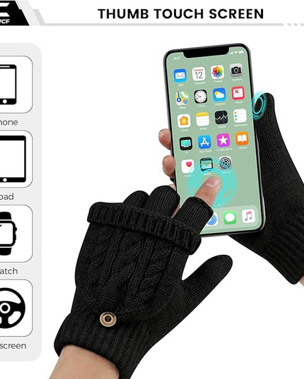 Winter Fingerless Gloves for Women Men Warm Knitted Convertible Mittens Flap Cover