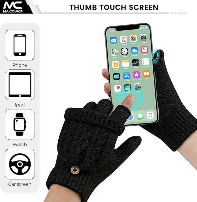 Winter Fingerless Gloves for Women Men Warm Knitted Convertible Mittens Flap Cover