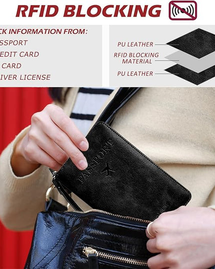 Passport Holder for Travel, Passport Holder Cover Wallet for Women Men With Rfid Blocking, PU Passport Book Card Holder Case - Travel Essentials Accessories Black