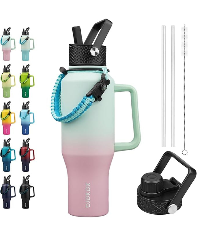 BJPKPK Insulated Water Bottles with Straw Lid, 35oz Metal Water Bottle with 2 lids & Paracord Strap, Double Wall Stainless Steel Tumbler with Handle, Reusable Cups, Mugs, Thermo, Marshmallow