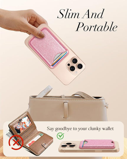 Shorogyt Compatible with Magsafe Wallet Magnetic Card Holder - Glitter Pk Phone Wallets for Women Teen Girls Fashion for iPhone 16/15/14/13/12 Series Slim for Apple Mag RFID Magnet, Fit 3 Cards