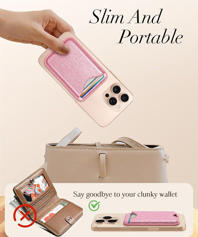 Shorogyt Compatible with Magsafe Wallet Magnetic Card Holder - Glitter Pk Phone Wallets for Women Teen Girls Fashion for iPhone 16/15/14/13/12 Series Slim for Apple Mag RFID Magnet, Fit 3 Cards