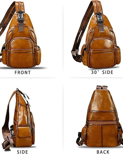 Genuine Leather Sling Bag for Men and Women Handmade Sling Backpack Purse Chest Over Shoulder Crossbody Bag Large Capacity (Brown)