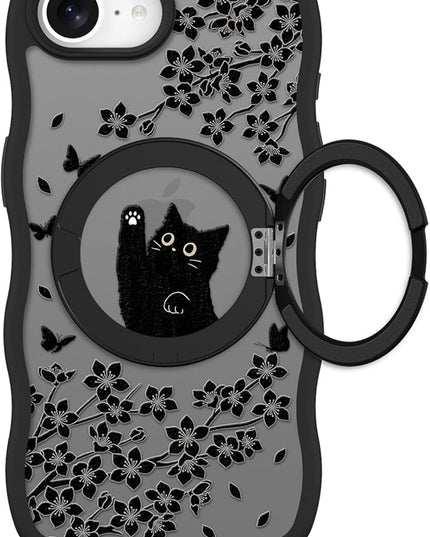 Wavy Case for iPhone 16e Case with Stand [Compatible with MagSafe] Cute Black Cat & Floral & Butterflies Pattern Design, Kawaii 360 Magnetic Ring Kickstand Phone Cover for Women Girls