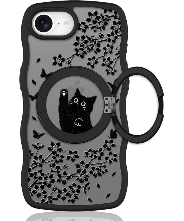 Wavy Case for iPhone 16e Case with Stand [Compatible with MagSafe] Cute Black Cat & Floral & Butterflies Pattern Design, Kawaii 360 Magnetic Ring Kickstand Phone Cover for Women Girls
