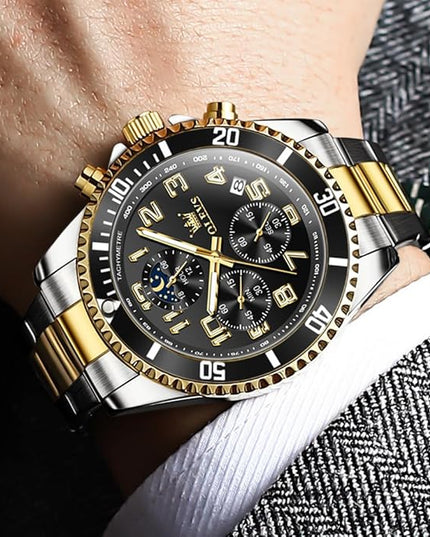 OLEVS Mens Watches Chronograph Watch Luxury Dress Stainless Steel Waterproof Watches for Men Moon Phase Luminous Business Calendar Wrist Watch Blue/Black/Green/Gold/Face