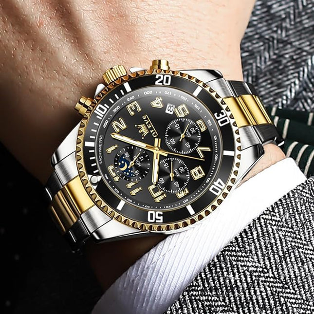 OLEVS Mens Watches Chronograph Watch Luxury Dress Stainless Steel Waterproof Watches for Men Moon Phase Luminous Business Calendar Wrist Watch Blue/Black/Green/Gold/Face