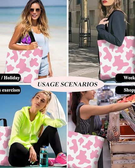 Canvas Tote Bag for Women，Cute Heavy-Duty Shoulder Bag with Zipper Pocket -Travel Tote for Grocery, Gym,Shopping