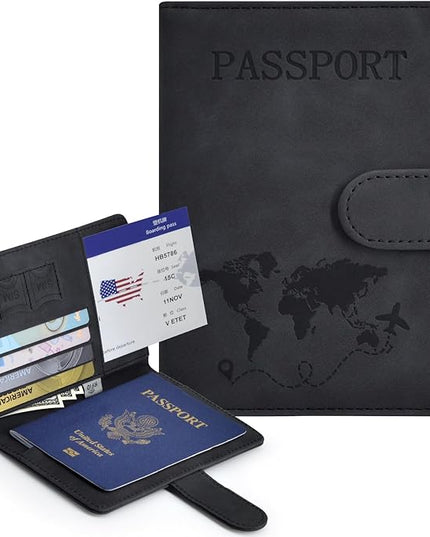 Passport Holder, Passport Cover with Credit Card Slot and Boarding Pass Slot Combo, Passport Wallet Case Book Travel Must Have, RFID Blocking Leather Travel Accessories, Black