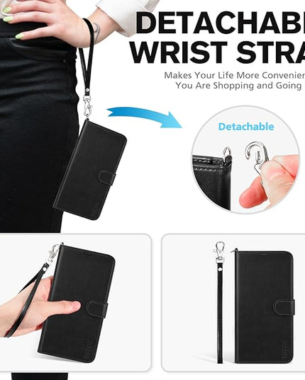 TUCCH Case Wallet for iPhone 16, [Wrist Strap] RFID Blocking 4 Card Slots Kickstand [Shockproof TPU Shell], PU Leather Magnetic Flip Cover Compatible with iPhone 16 5G 2024, Black with Wristlet