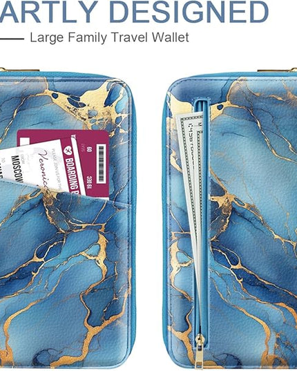 Family Passport Holder Wallet RFID Blocking Document Organizer PU Leather Mulit-purpose Travel Wallet Credit Cards Case for Women Men, Blue Marble