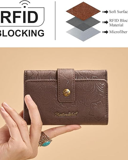Montana West Womens Wallet Small Western Embossed Floral Wallet for Women Trifold Card Holder Wallets Ladies Female RFID Blocking Wallets Coffee with ID Window
