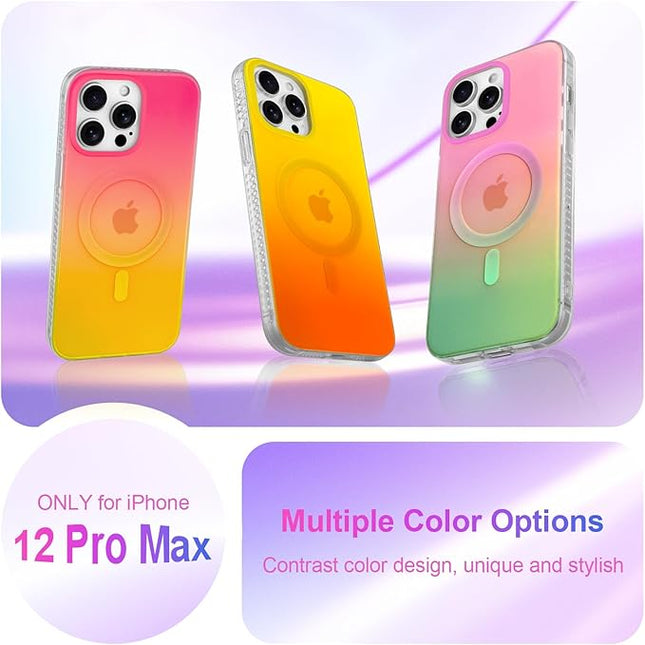 Aesthetic Case for iPhone 12 Pro Max Case for Women Girls, Compatible with Magsafe, Cute Girly Trendy Glitter Sparkly Rainbow Magnetic Protective Phone Cover, Matte Iridescent Yellow & Orange