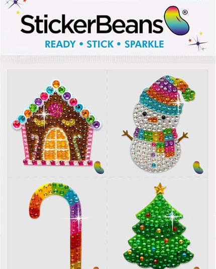 StickerBeans® Rhinestone Stickers - Holiday Set 4-Pack, 2” x 2” Each, Unique Sparkly Cut-to-Shape for Collecting, Trading, Decorating Laptops, Phone Cases, Scrapbooks, for Kids, Teens, & Adults