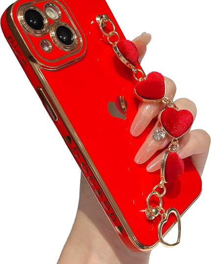 Caseative for iPhone 14 Case,Cute Plating Love Heart Wrist Strap Chain Bracelet Phone Case (Red)
