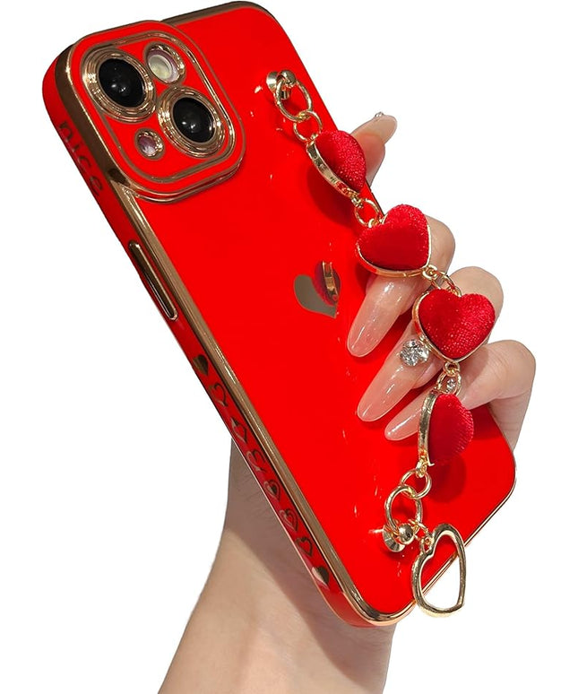 Caseative for iPhone 14 Case,Cute Plating Love Heart Wrist Strap Chain Bracelet Phone Case (Red)