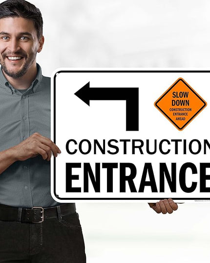 Slow Down Construction Entrance Ahead With Left Arrow Sign, 18x24 Inches, 55 mil thick HDPS (high density polystyrene), Made in USA by My Sign Center